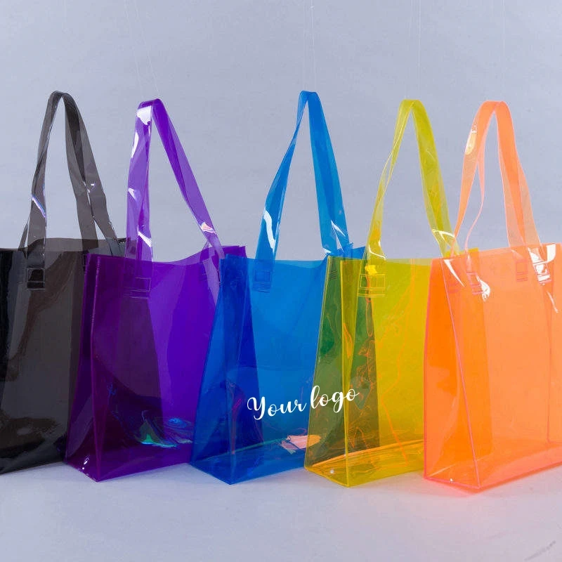Custom logo waterproof transparent clear candy neon color PVC gift beach shopping tote bag