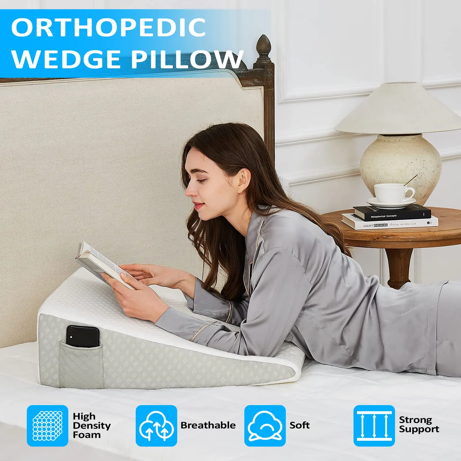 7.5 Inches High Density Leg Elevation Memory Foam Core Gap Filler Pillow Headboard Bed Wedge Pillows with Side Pockets