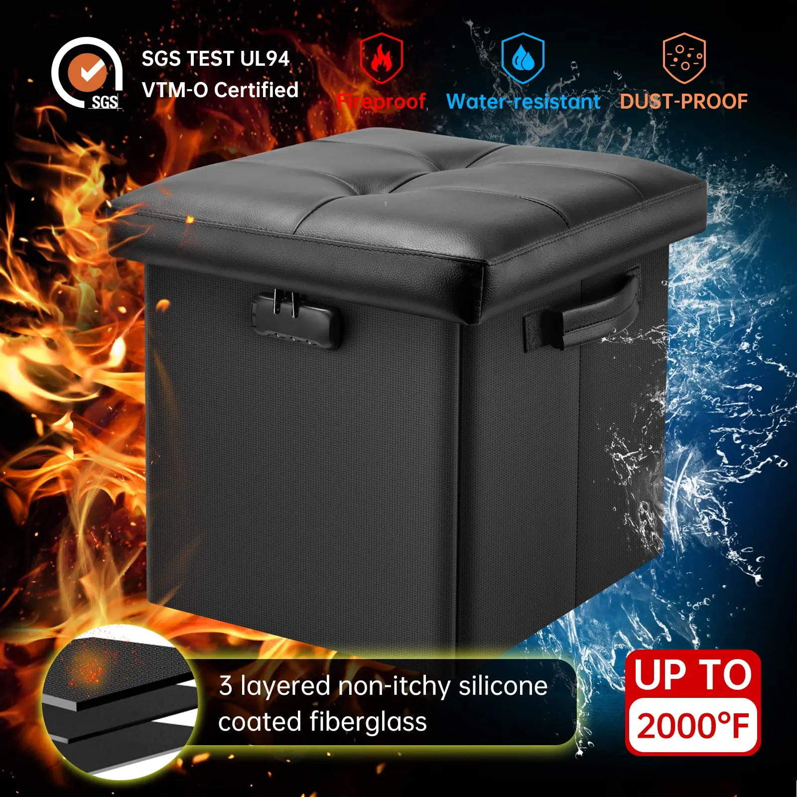 OEMNew Square Storage Ottoman With Tray and Lock Fireproof Folding Storage Ottoman Bench Portable Folding Stool with Storage Box