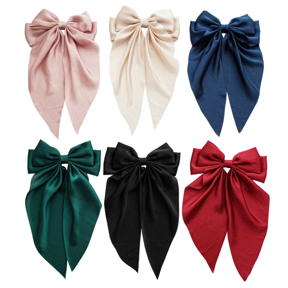 Large Bow Long Tail Satin Ribbon Hair Bows with French Clipds for Women Hair Accessory