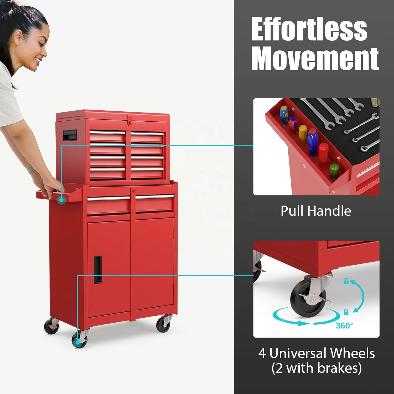 PULAGE Customizable Rolling Tool Cabinet, 5-Drawer Mobile 2 in 1 Tool Box with Lock and Wheels, Ideal for Mechanics and DIYers