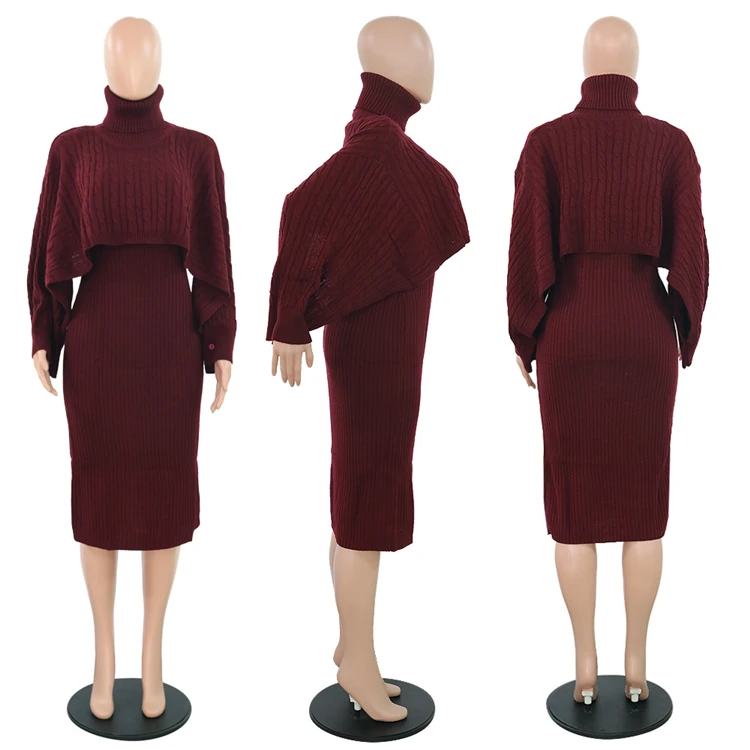 P6273-fashion turtleneck long sleeve knit sweater dress set 2 piece fall sets woman sweater suit