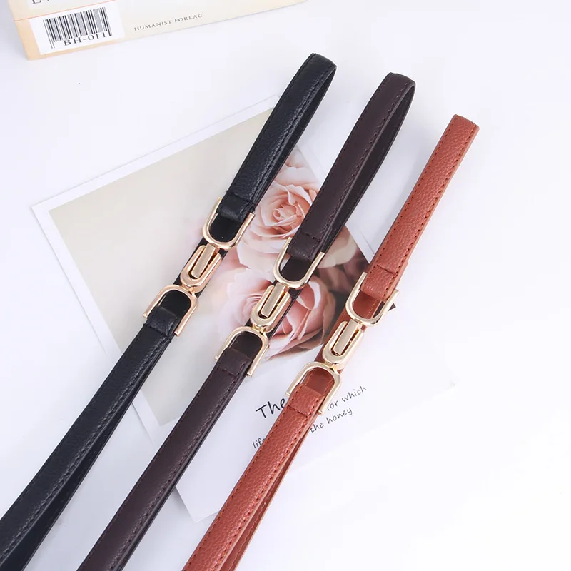 New Arrivals Women Black Coffee Elegant Ladies Dresses Decorative Thin PU Leather Belt