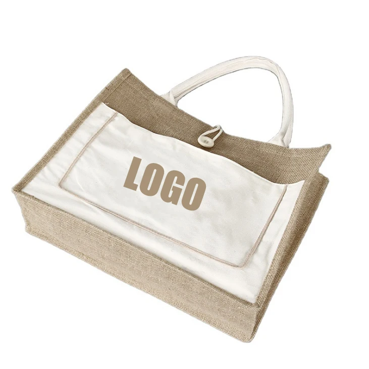 Wholesale Jute Tote Bag Custom Logo Reusable Grocery Gift HandBag Eco Friendly Recycle Jute Shopping Bags With Front Pocket