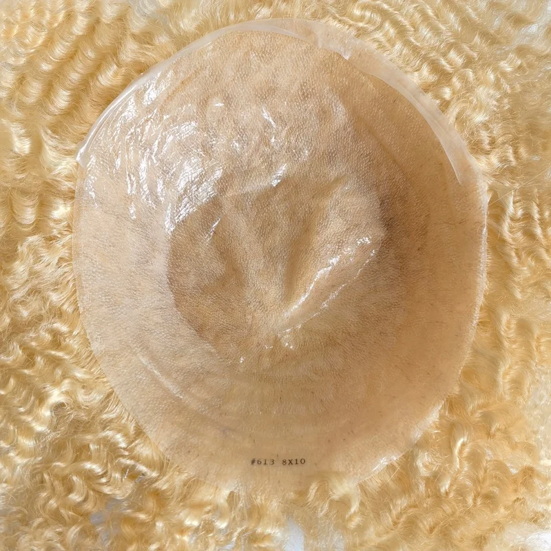 Afro Curly Wavy 6mm Wave Human Hair Full PU Thin Skin Male Blond Color 613 Men Toupee With Factory Price