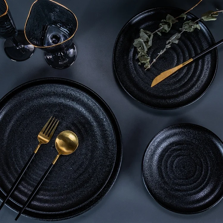 buffet serving hotel porcelain dinnerware dish restaurant set stoneware ceramic plates matte black ceramic japanese style round