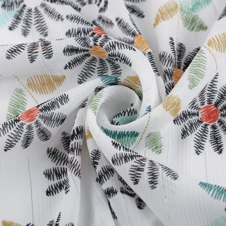 Spring summer fresh cute design silver lurex glitter chiffon fabric printed with leaves and small flower for dresses