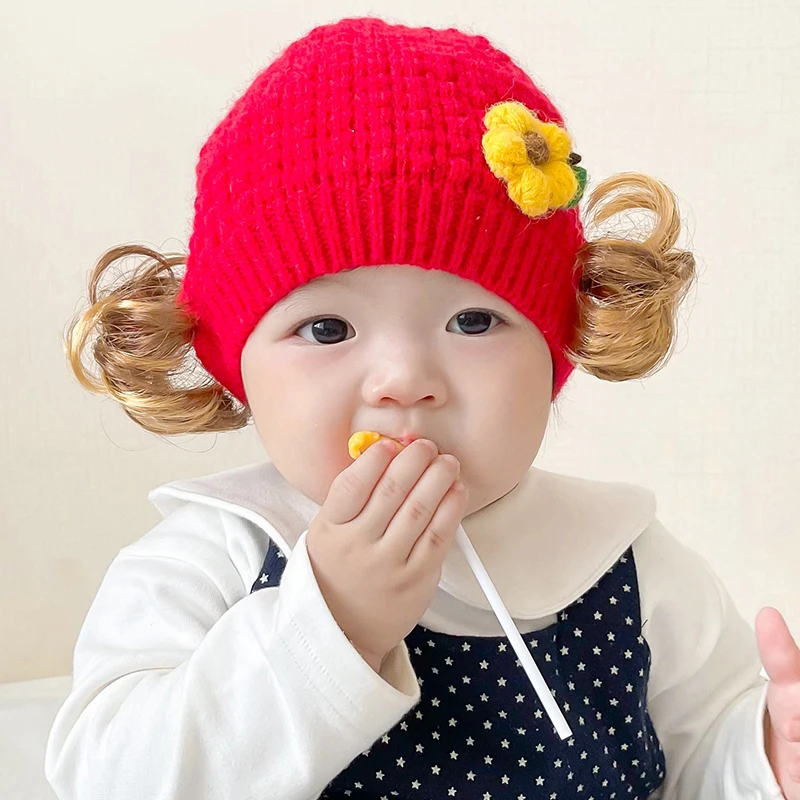 
Cute Baby Girl Boy beanie Hat Hair Pigtail Braid Wig Cap Winter Warm Crochet Knit Children Kids Girls Hats and Caps 