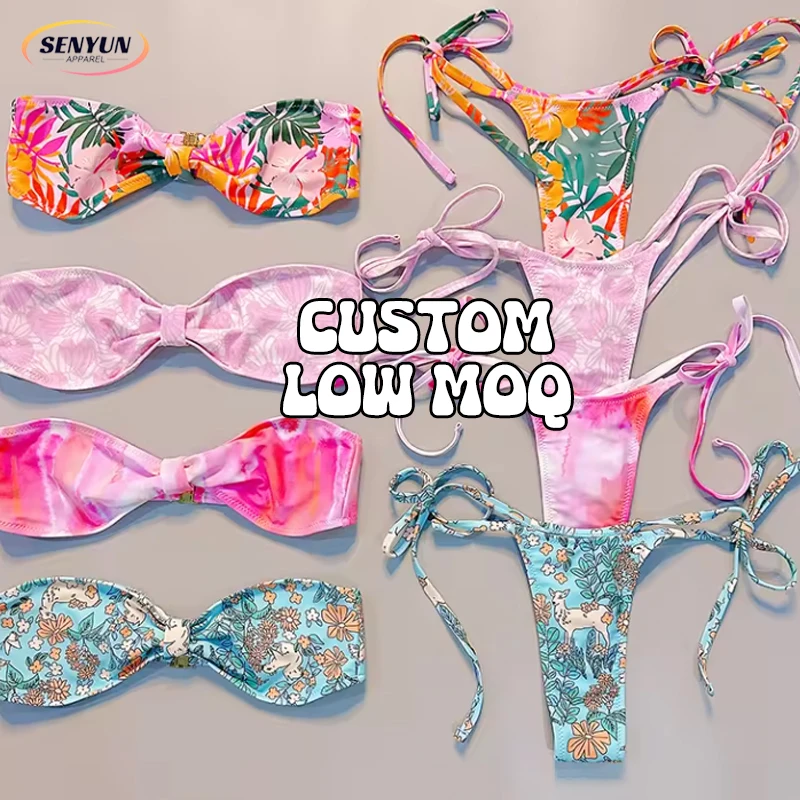 Floral Print Swimsuit Factory Custom Women Split Swimming Suits Bandeau Bikini Swimwear Lace Up Thong Micro Bikini