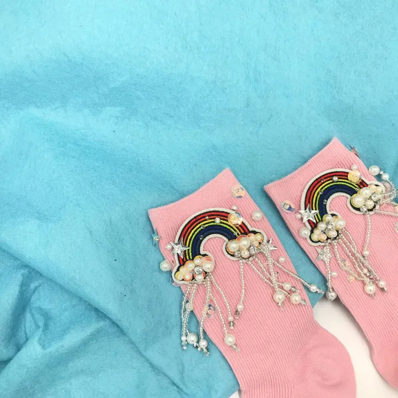 Handmade Sequins Socks Pearl Socks Young Girl Pink Party Socks