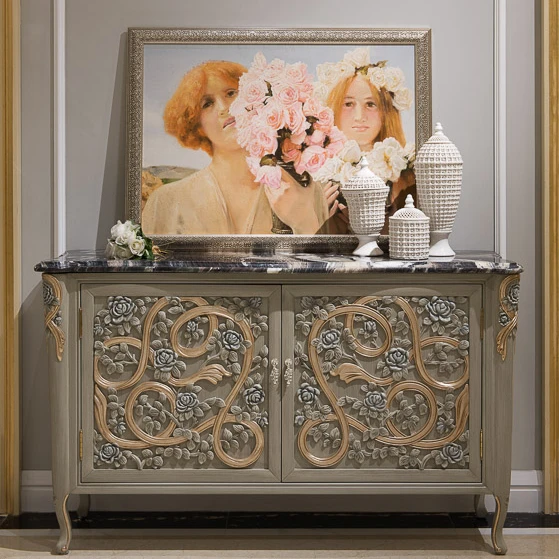 Luxury classic fancy antique paint TV stand French royal style living room furniture solid wood carved console table TV cabinet