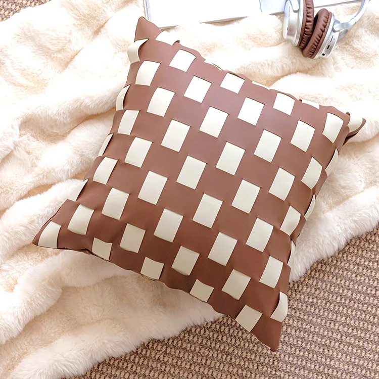 Autumn Winter Brown Patchwork Geometric Cushion Cover Luxury PU Velvet Embroidery Throw Pillowcase