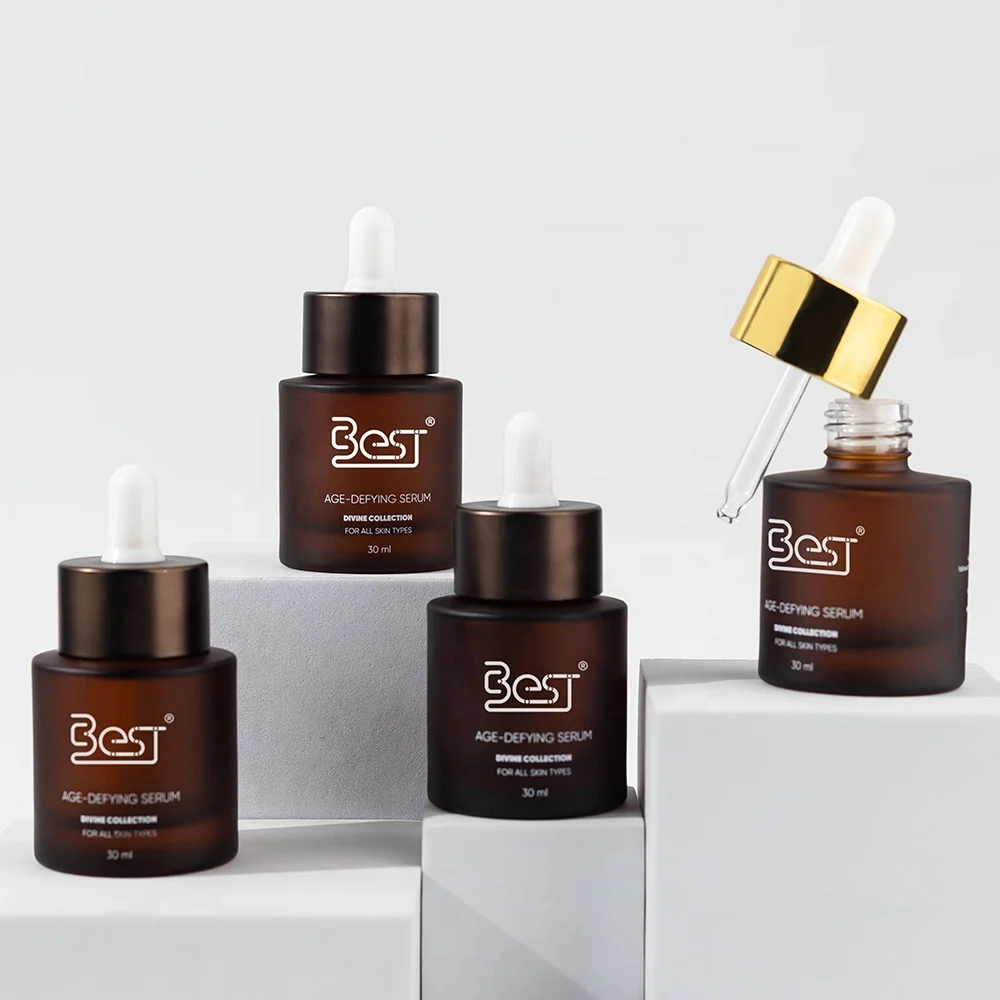 Frosted Screen Printing Brown 30ml Liquid Essential Oil Tube Glass Dropper Bottle with Aluminum Collar and Rubber Head