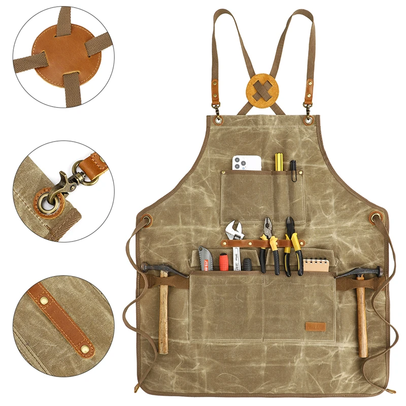 KOOGER Durable Workwear Utility Apron Multi-Use Waxed Canvas Gardening Apron Carpenters Work Aprons for Men