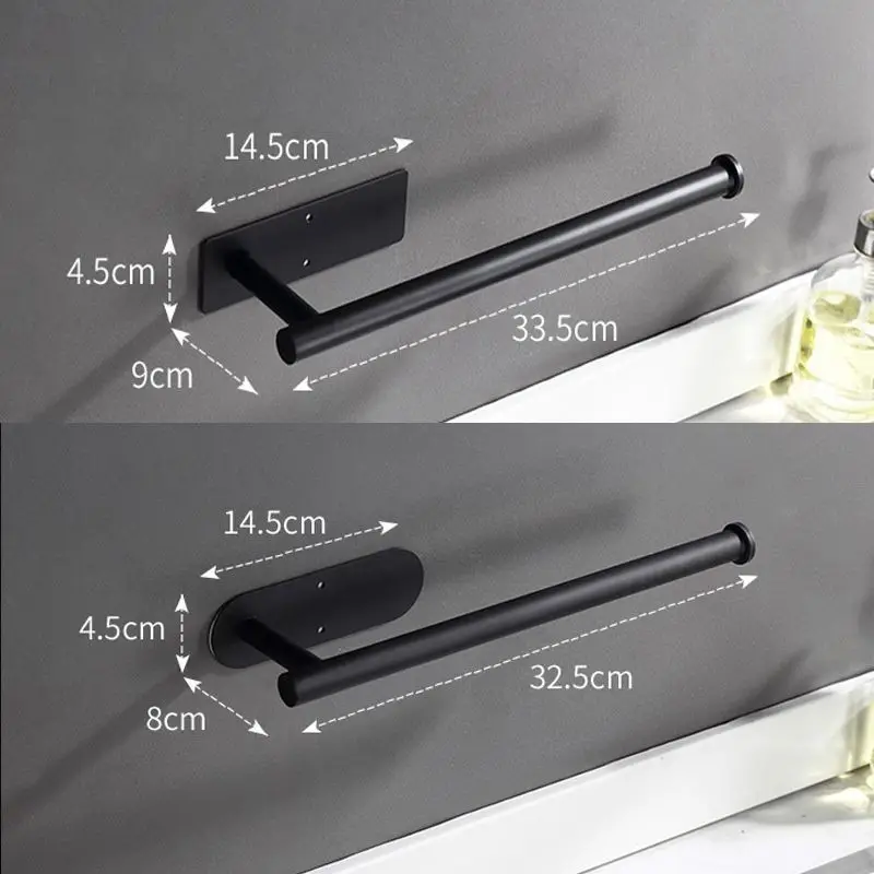 Kitchen Bathroom Wall Mounted Adhesive Paper Towel Hanger Under Cabinet Rust-proof Paper Towel Holder Black