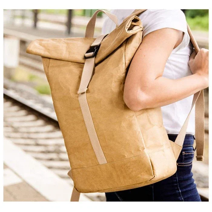 Roll Top Washable Kraft Paper Backpack Brown Fashion Design Backpack Water Resistant Weekend Backpack Canvas Waterproof Bag BSCI