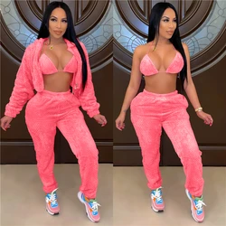 New Arrival Casual Ladies 3 Piece Outfits Jacket Bra Tops Plush Fall Winter Women Three Piece Pants Set