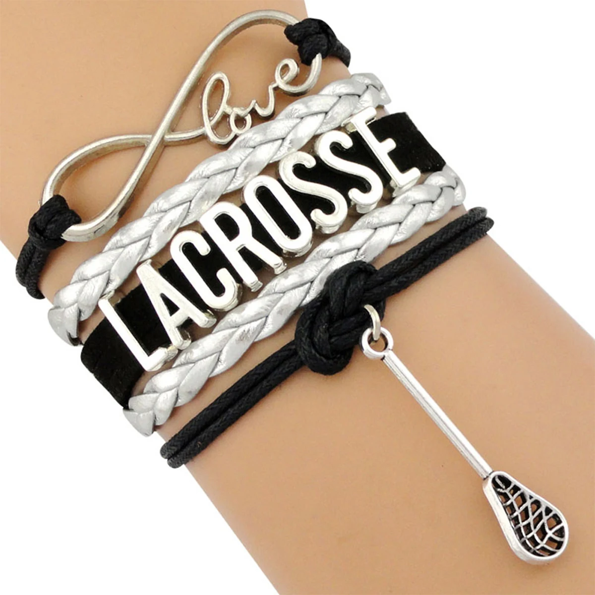 Factory Drop Shipping Infinity Love Lacrosse Bracelet Mom Stick Helmet Charm Black Leather Jewelry Men Bracelet for Women
