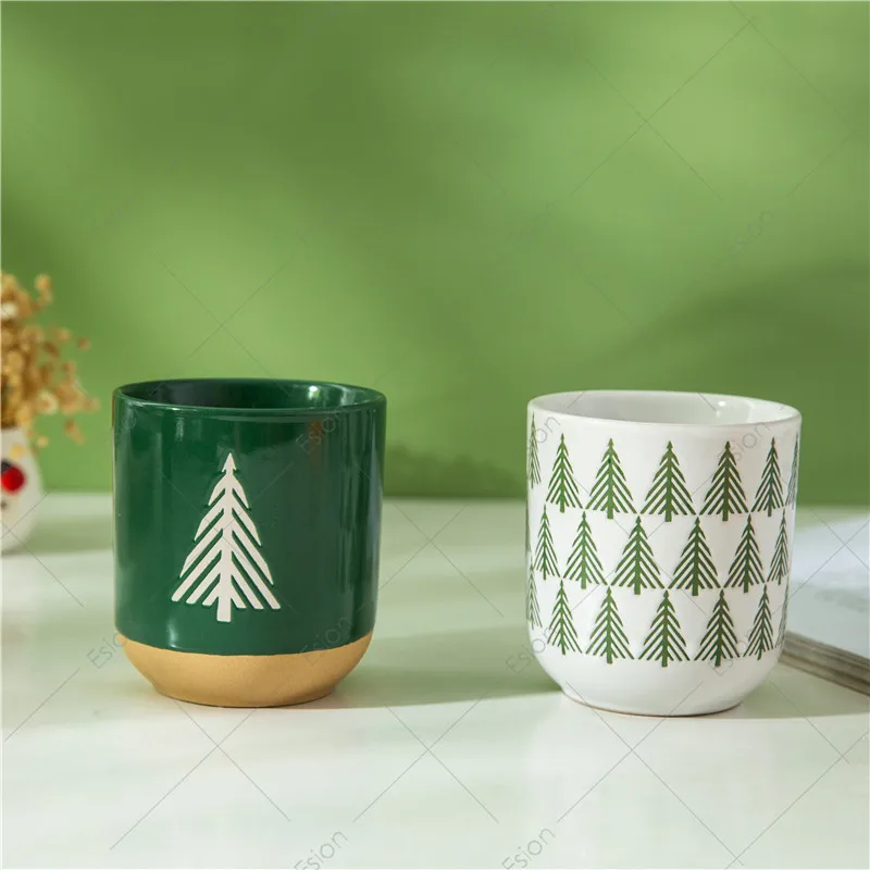 Manufacture new arrival japanese green white printing christmas mug Ceramic coffee mug without handle