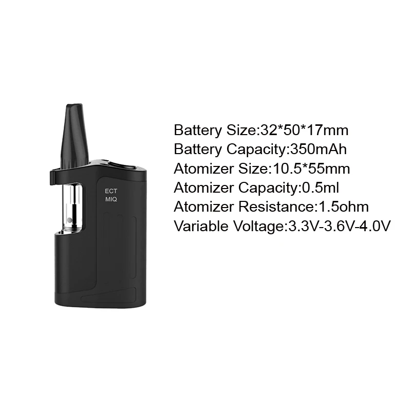 
New products ECT MIQ E Cig 350mAh CBD vape mods 0.5ml ceramic coil vape cartridge 510 thread cbd vape battery wholesale 