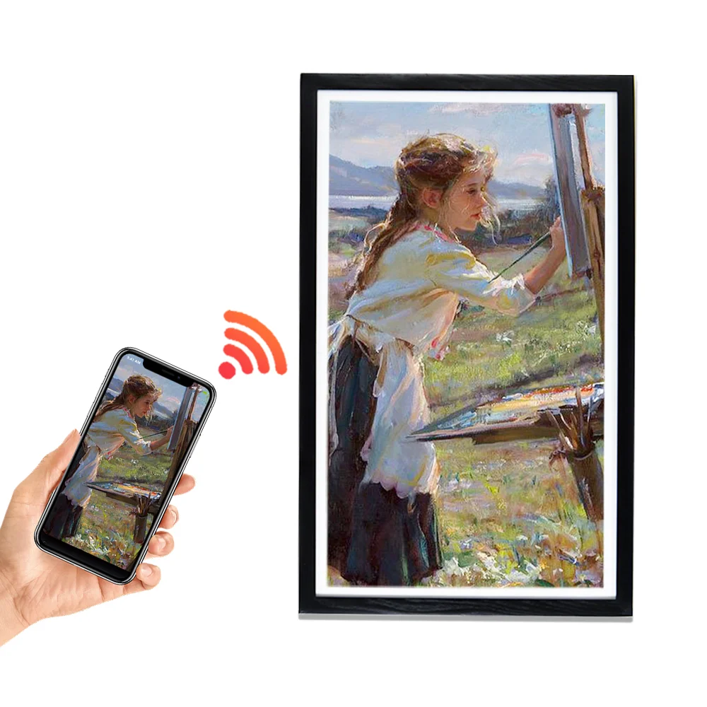 Smart Wifi Digital Photo Frame with App 32 Inch 1920*1080 FHD OEM Clock Wood Large Photo Frame Display Frame Screen 16GB