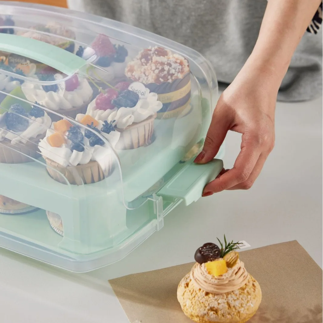 Whosale Portable Plastic Cupcake Holder 2 Tier Stand Cake Keeper Holds 24 Cupcakes with Handle Lid, Cupcake Holder Plastic