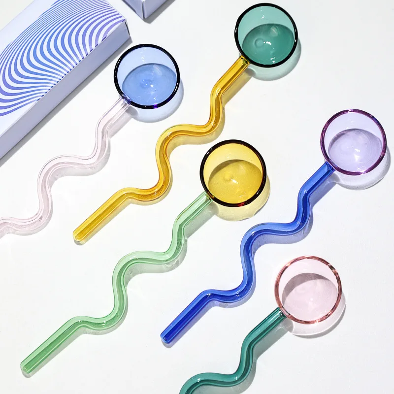 Creative candy color contrast glass spoon Cute colorful curved handle high borosilicate glass spoon