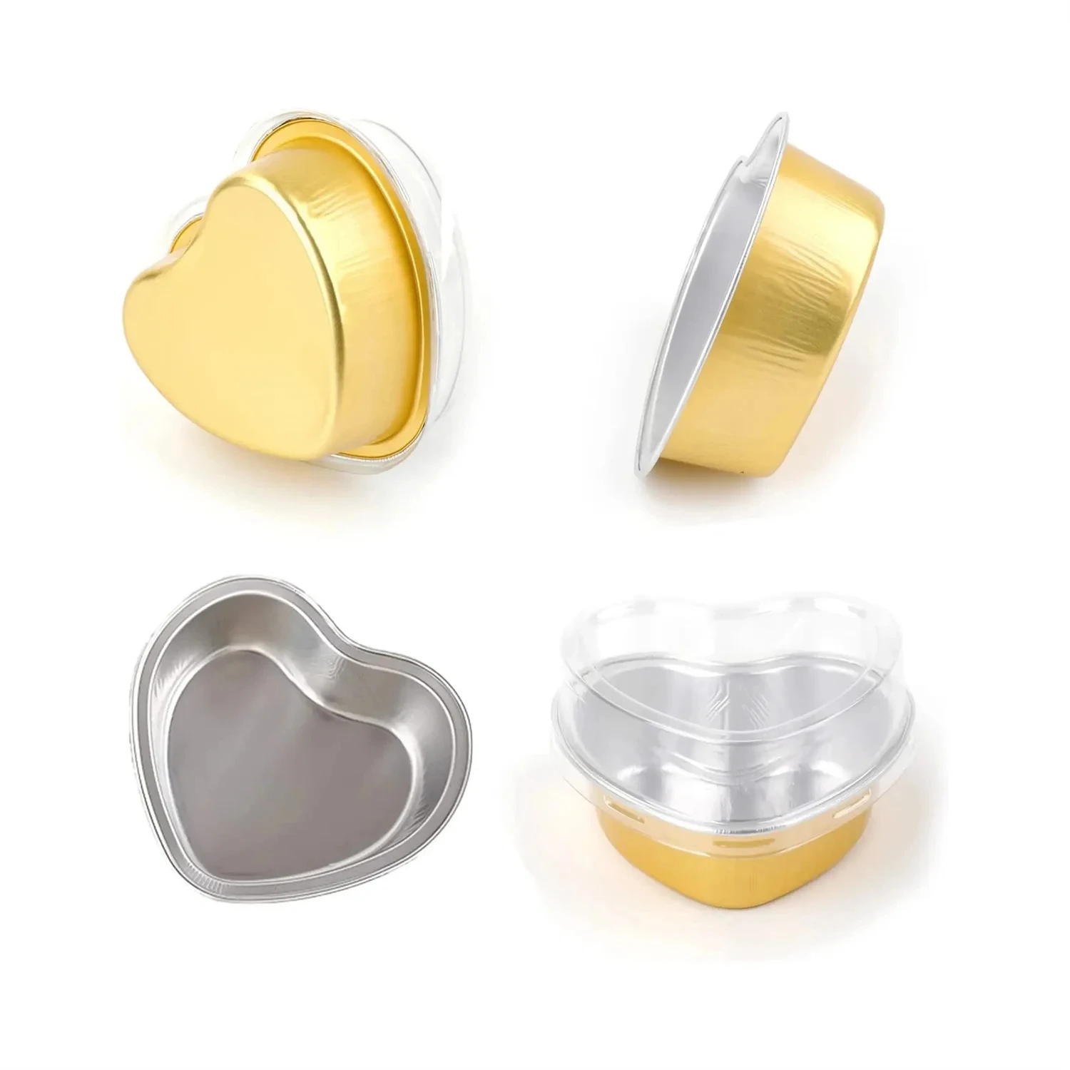 Disposable Heart Shaped Cake Pan Colorful Aluminum Foil Baking Mold Cupcake Pudding Cups with Plastic Dome Lid