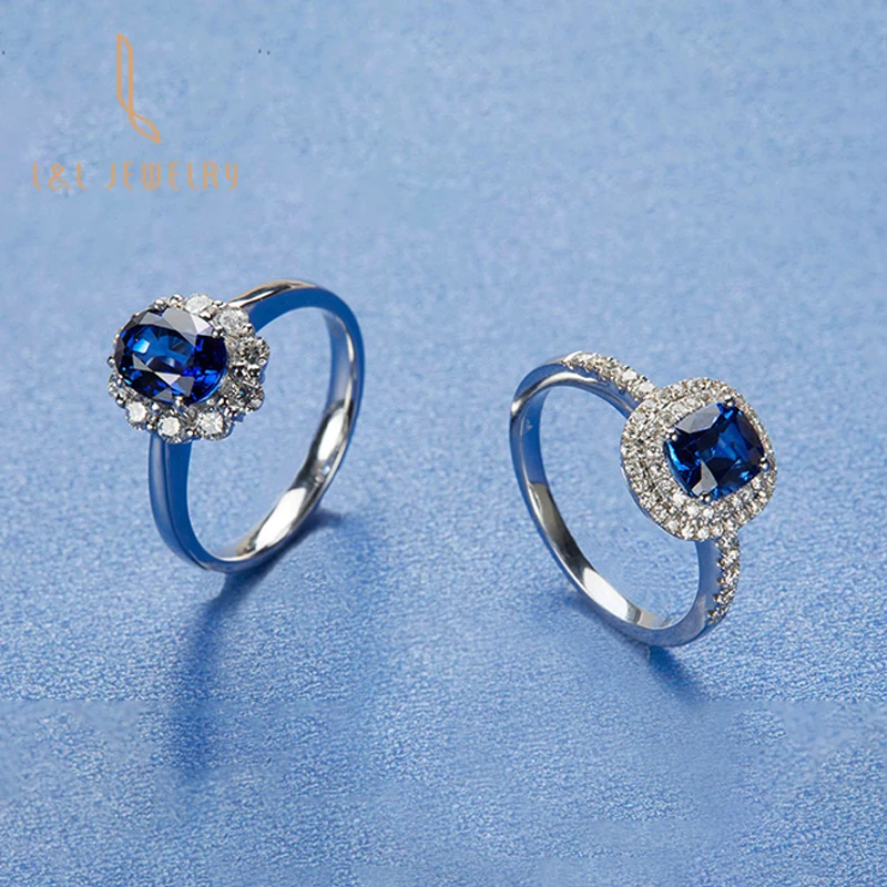 High Quality 18K white solid Gold cushion Natural Sapphire Ring with real diamond women gift Luxury jewelry for wedding rings