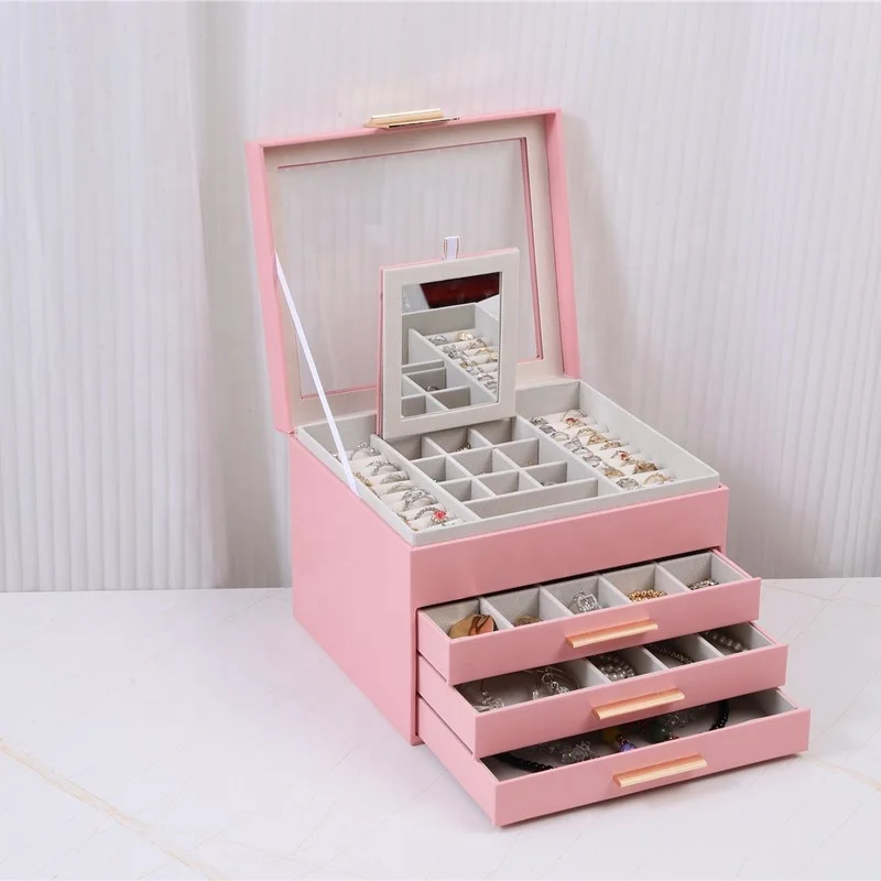 4 Layers Jewelry Organizer 3 Drawers Large Multi-Functional Jewelry Storage Display Case with Clear Lid for Women