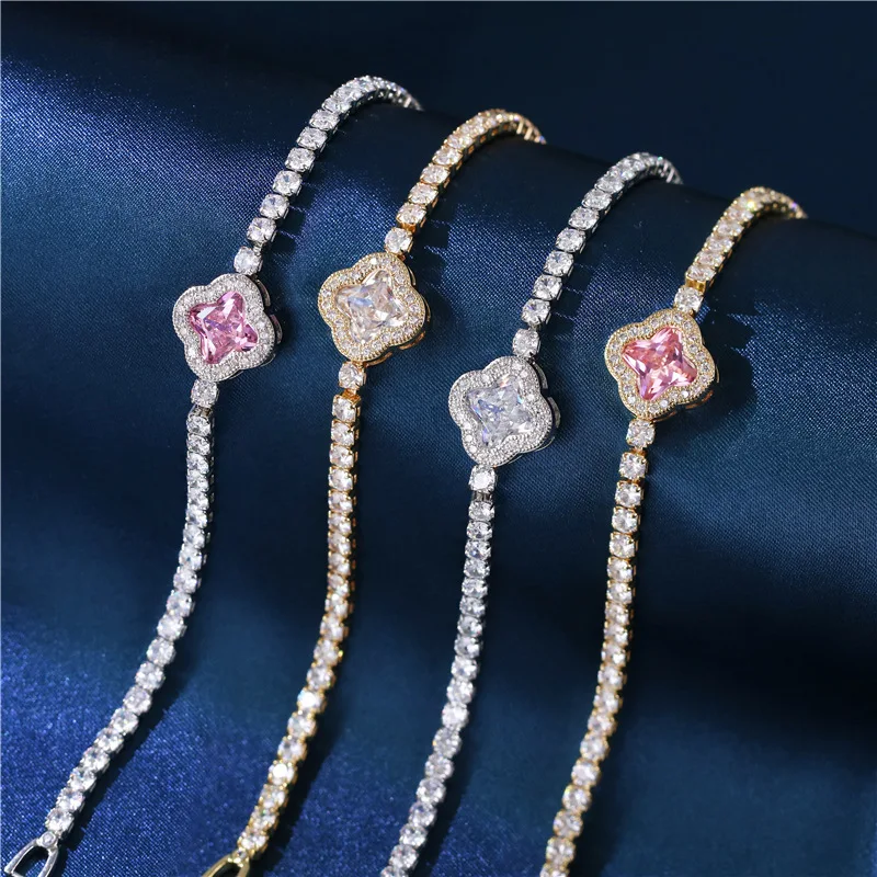 Platinum Silver Plating Floral Clover Zircon Bracelet Chain Rhinestone Crystal Bracelet Diamond Bangle Bracelet