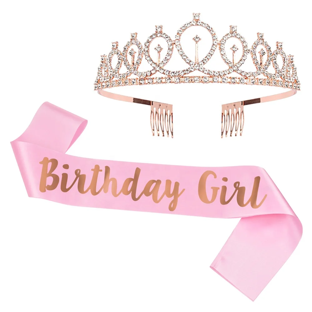 Women Birthday Decoration Satin Sash and Rhinestone Tiara for Girls Birthday Gifts