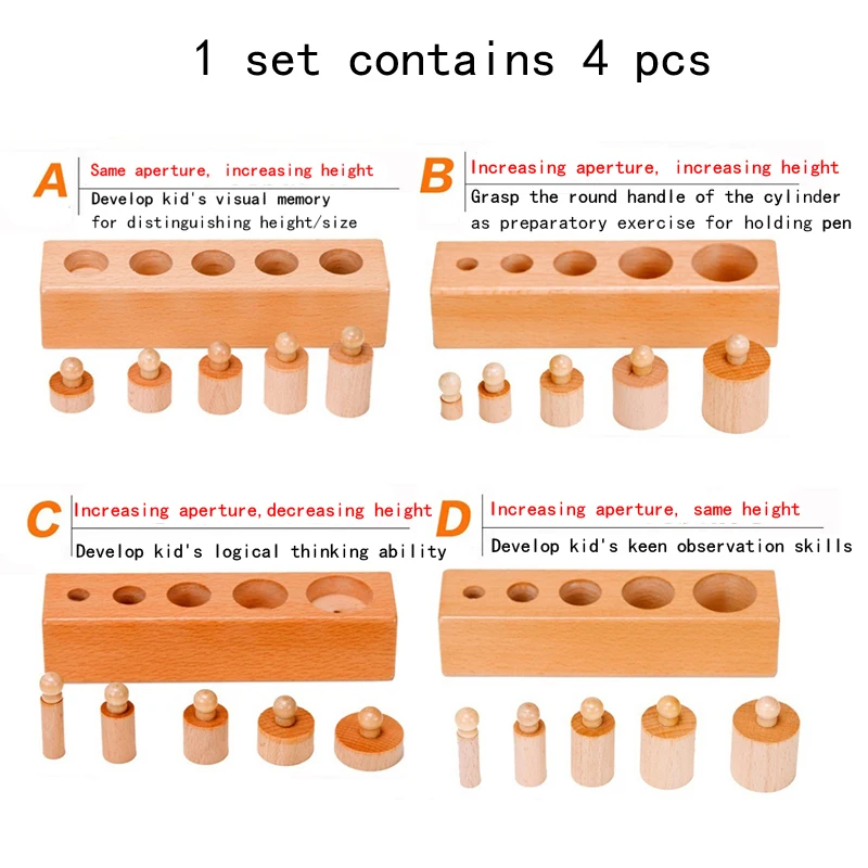 Montessori Education Toy Kids Early Educational Sensory Teaching Aids Wooden Cylinder Socket Blocks Toys