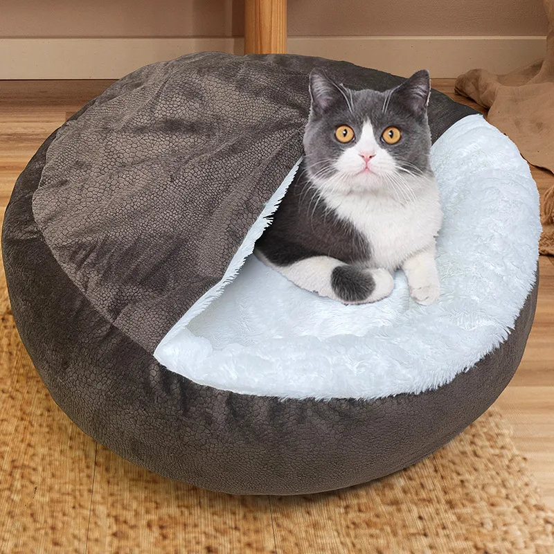Faux Fur Shell Semi-Enclosed Cat Dog Bed Warm Round Fluffy Plush Pet Bed For Indoor Cats