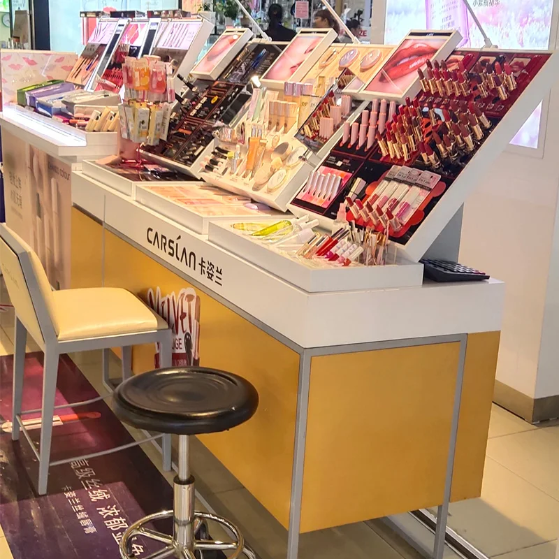 Store Layout Equipment Showroom Design Wooden Showcase Makeup Floor Stand Kiosk Cosmetic Display Rack