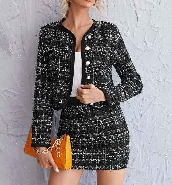 Autumn Long Sleeves Women Sets Two Piece High Quality Plaid Raw Trim Tweed Casual Woman Single Breasted Jacket & Skirt Set