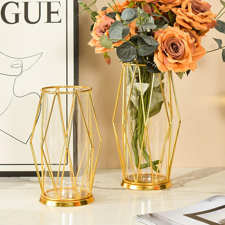 Vase Wedding Table Gold Modern Luxury Nordic Small Cylinder Home Decoration Bud Flower Metal Crystal Glass Vase For Home Decor