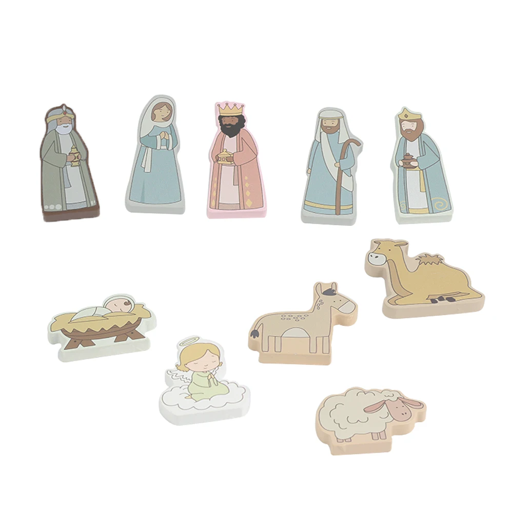 Montessori Children Role Playing Game Toys Wooden Nativity Scene Themed Blocks Themed Carton Set Toys