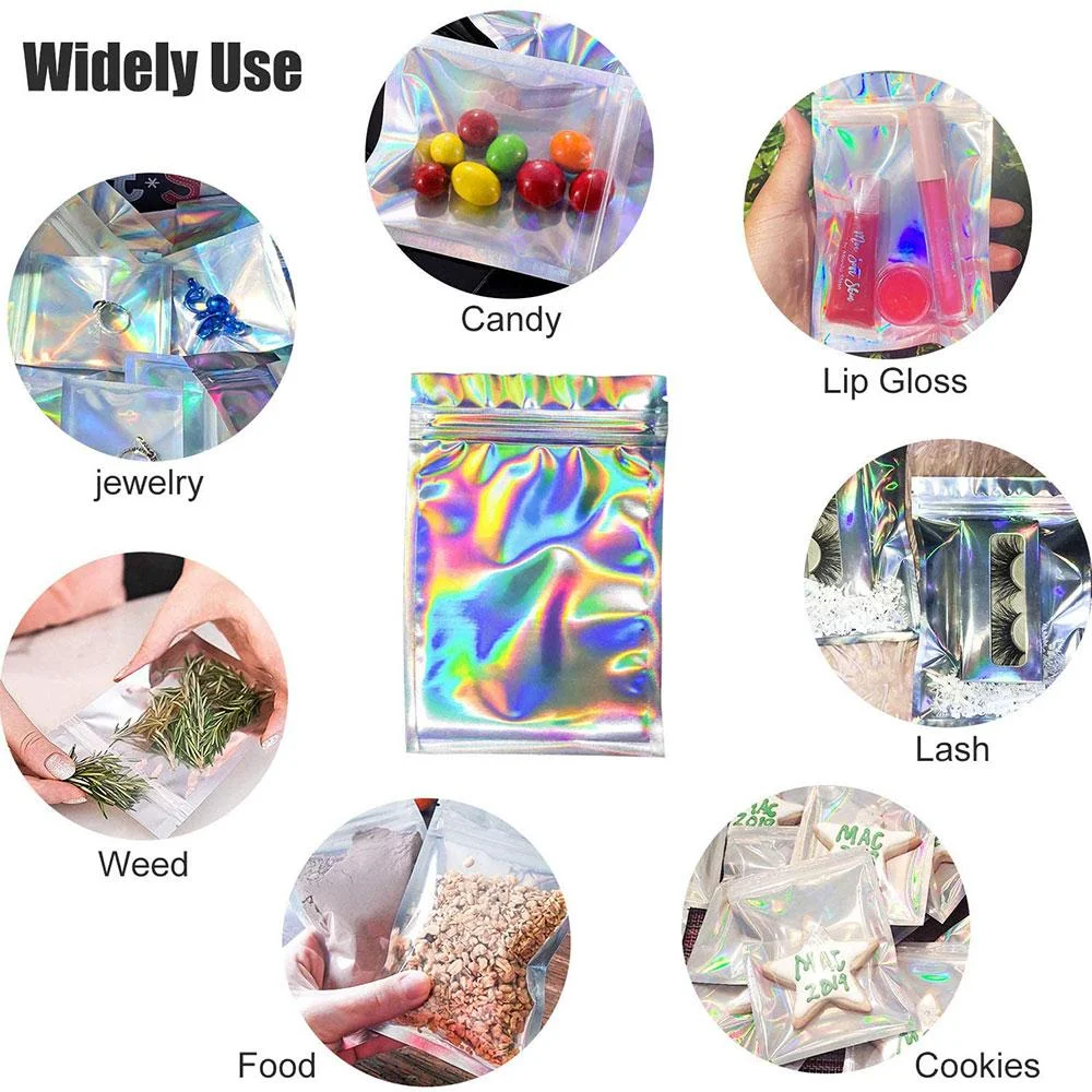 Resealable Holographic Foil Bags Cosmetic Laser Packaging Zip-lock Bags for Food Storage Coffee Beans Candy & Jewelry Packing
