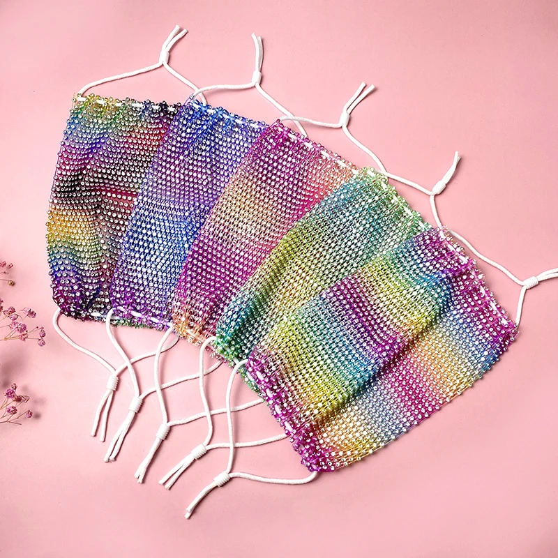 Wholesale New Design elastic Crystal rhinestone mesh Facemask Crystal Rhinestone Face Masking For Party Colorful Masking