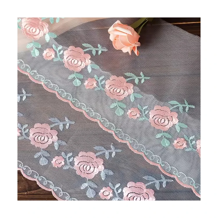 20cm Wide Embroidered Lace Fabric in Designer Color for Curtain Sofa Cushion Table Edge Decoration with Beads and Flowers