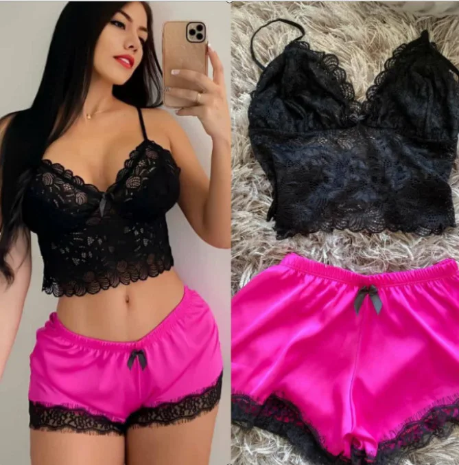 B0112 2022 High Quality 2 Pieces Set Sleepwear Plus Size Women Silk Satin Sexy Lace Pajama Shorts