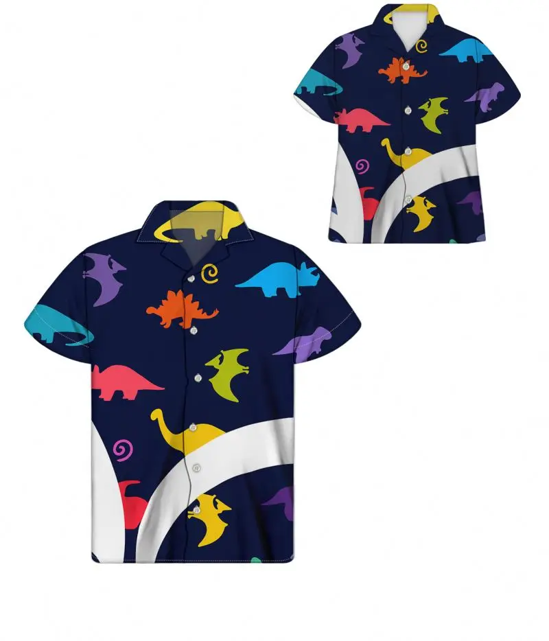 Men Luxury Shirts Cute Cartoon Colorful Dinosaur Dark Blue Pattern Dad and Son Matching Men Clothes Custom Baby Boy T-shirt