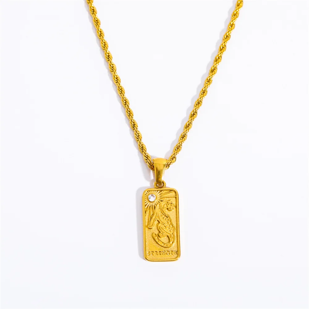 N2056 Waterproof Square Plate Necklaces 18K Gold Plated Stainless Steel Zircon Inlay Star Moon Leopard Relief Tarot Necklaces