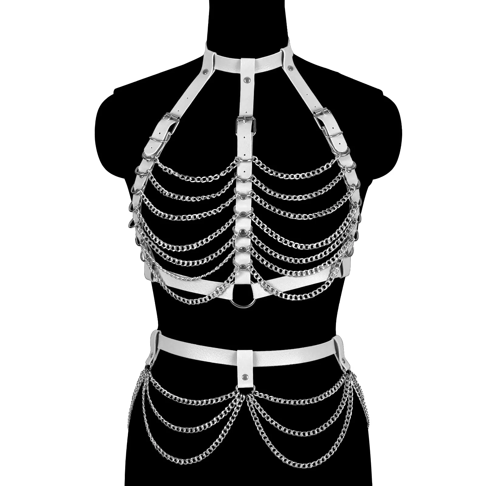 Fetish Leather Erotic Lingerie Gothic Body Bondage Cage Bra Harness Exotic tassel waist chain