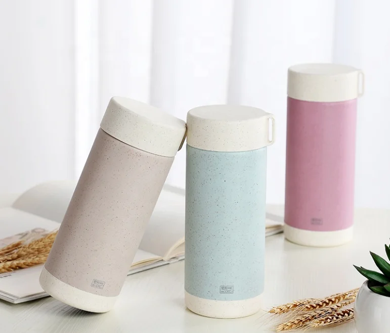 300ml Eco-Friendly Biodegradable Wheat Straw And Rice Husk Fiber Plastic Double Wall Wide Mouth Water Bottle