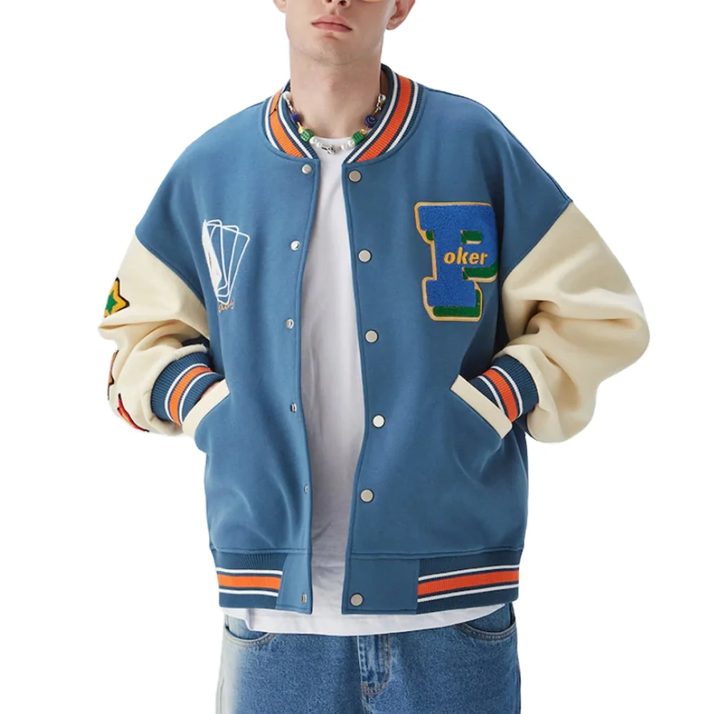 Custom Cotton Poly Baseball Jackets Contrast Color Letterman Chenille Embroidery Varsity Jacket for Men