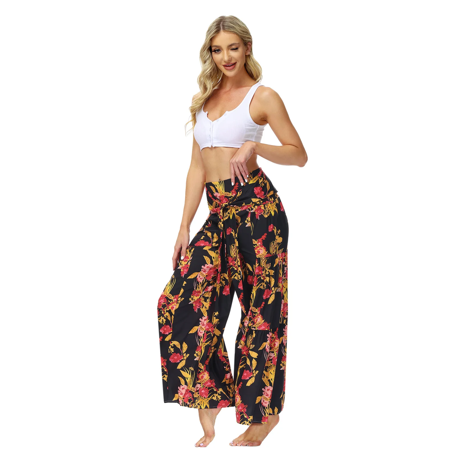 Europe and the United States new printed retro all-match loose temperament high-waist flared wide leg pant woman