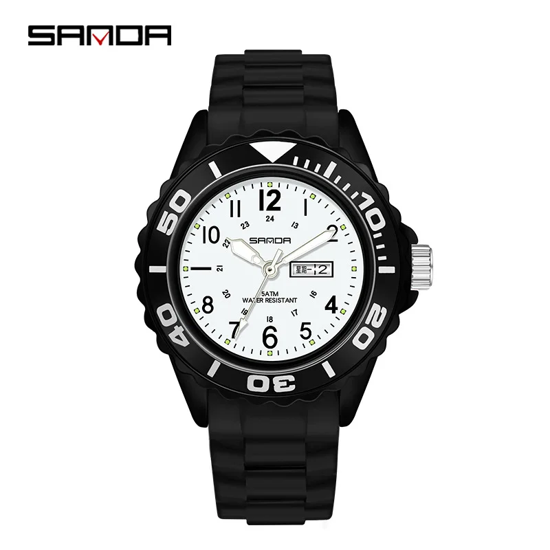 Hot selling sanda gradient color dual calendar silicone 5ATM waterproof Japanese quartz movement couple watch for man and women
