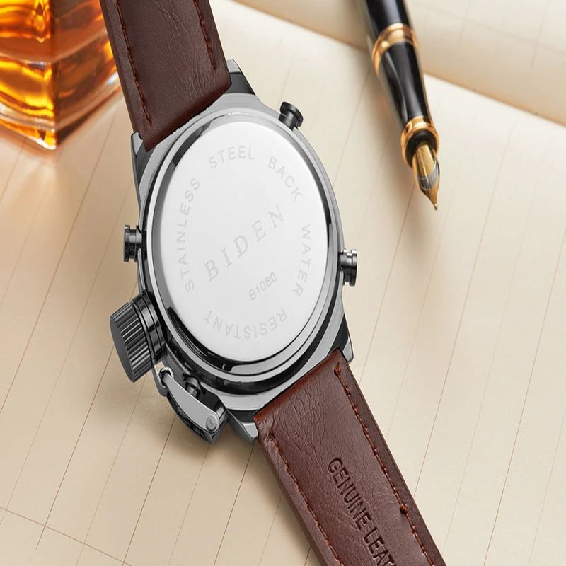 BIDEN Digital Watch Fashion Men Electronic Leather Watches LED Display Quartz Dual Movement Wristwatches